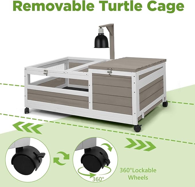 Tortoise Habitat with Lamp Holder in Indoor & Outdoor, Wooden Extensible Turtle Enclosure Table with 4 360° Lockable Wheels, Leakproof Tray, Openable Roof for Tortle, Lizard, Chameleon
