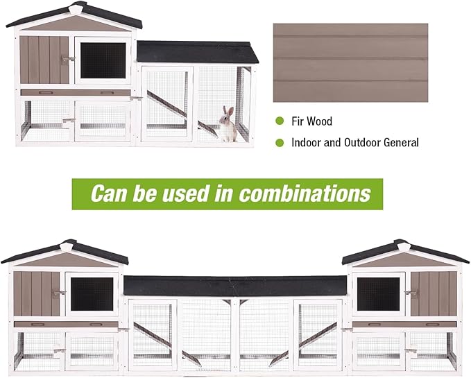 Outdoor Rabbit Hutch with No-Leak Plastic Tray, Expandable Chicken Coop, Large Run Space for Bunny, Guinea Pig, Duck, and Small Animals