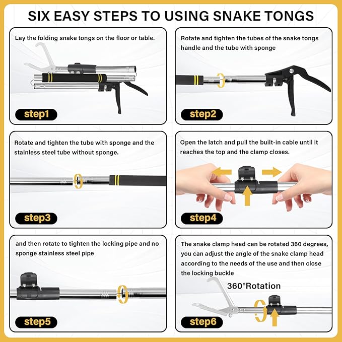 Snake Grabber Tool, 69" Snake Tongs Grabber for Rattlesnake Heavy Duty Professional Folding Snake Feeding Tongs Wide Jaw Snake Handling Tool Long Hndle Stainless Steel Tube