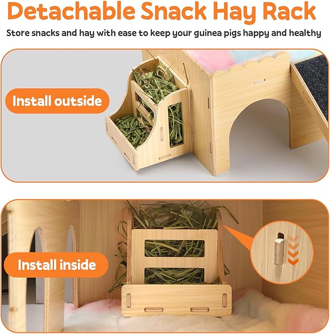 Large Guinea Pig Wooden Hideout with Detachable Snack Hay Feeder, Guinea Pig Castle with Plush Cushion and Ramp - Easy Assembly House for Play, Sleep & Exploration