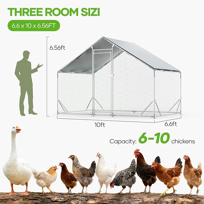 Assark Large Metal Chicken Coop,10x6.5 FT Walk in Chicken Runs with Cover for 10 Chickens,Hen House Enclosure with Security Lock, Outdoor Duck Rabbit Cage Poultry Pens for Backyard,Farm,Yard