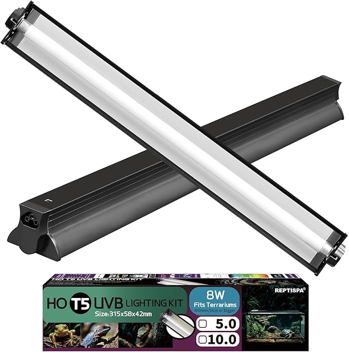 T5 HO UVB Lighting Combo Kit, Reptile Light Fixture with Fluorescent Light Bulbs, Tropical Light for Reptiles and Amphibians, Basking Light for Bearded Dragon, High Output Natural Light (8W 10.0 UVB)