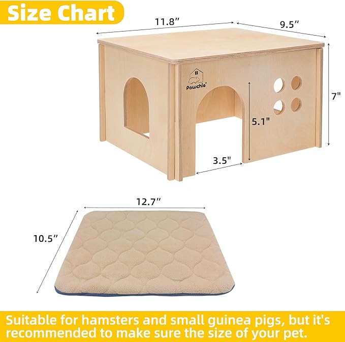 PAWCHIE Guinea Pig House Hide - Wooden Hideout for Chinchilla Small Animals, Habitat with Windows Guinea Pig Hamster Rat Living, Rectangular Hut with Pee Pad