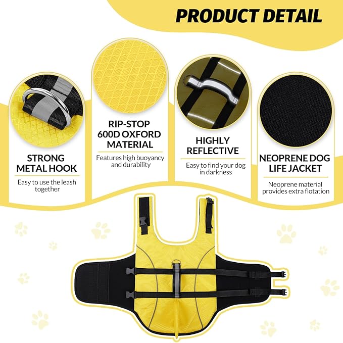 Queenmore Small Dog Life Vest for Swimming, Shark Dog Life Jacket, XS Life Vest for Boating, Puppy Life Jackets for Small Dogs Cats, Pet Floating Dog Swimming Vest with Handle/Leash Hook(Yellow,XS)