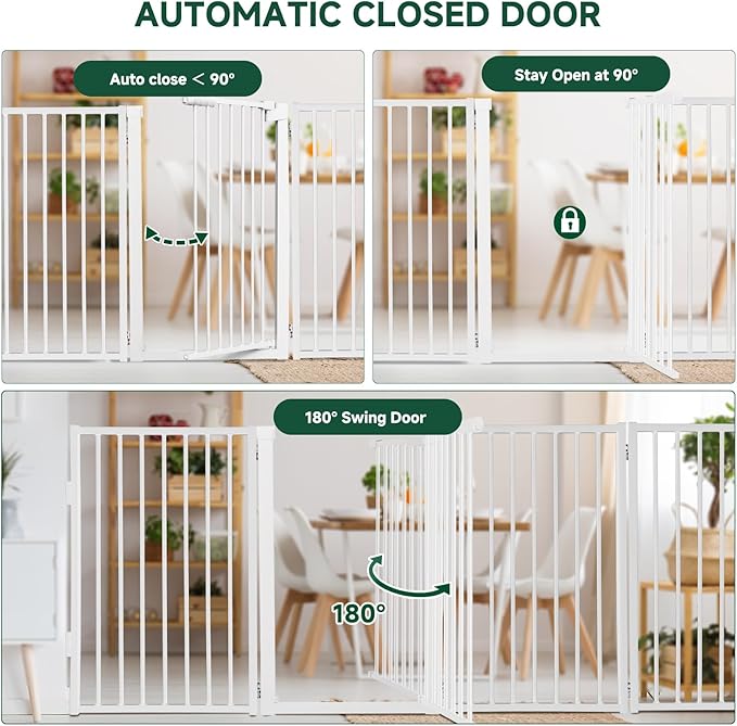 Snagle Paw Full Metal Freestanding Dog Gate with Door, 120” W x 24” H Pet Gate with Support Feet for Doorways, Stairs and Hallways, Portable Dog Fence for Indoor Use (24" 6 Panel, White)