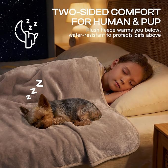 Luciphia Waterproof Blanket for Dog Washable Reversible Sherpa Fleece Throw Blanket for Bed Couch Soft Liquid Pee Proof Furniture Cover Protector for Small Medium Large Pet Cat Khaki 85" x 57"