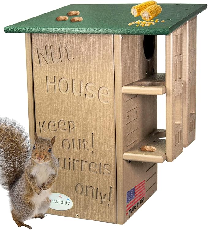 JCS Wildlife Ultimate Wooden Squirrel House, Multi-Tier Squirrel Nesting House with Predator Guards, Weather-Resistant Recycled Poly Lumber, Easy-Clean Tree House for Outside, Green & Tan