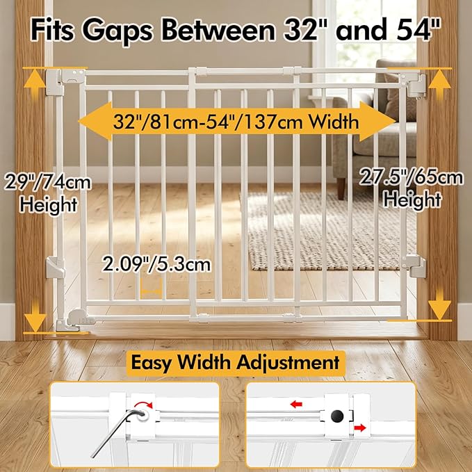 Extra Wide Baby Gate for Stairs Doorways & Kitchen, 32"-54" W x 29" H, No Bottom Bar Dog Gate, One-Handed Auto-Close, Hardware Mount Safety Gate for Dogs & Toddlers, White