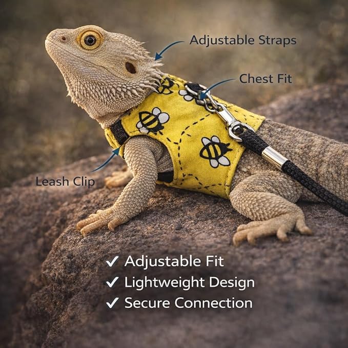 Reptile Harness and Leash Set, 3 Pack Adjustable Lizard Chest Harnesses with Leashes for Bearded Dragons and Small Reptiles
