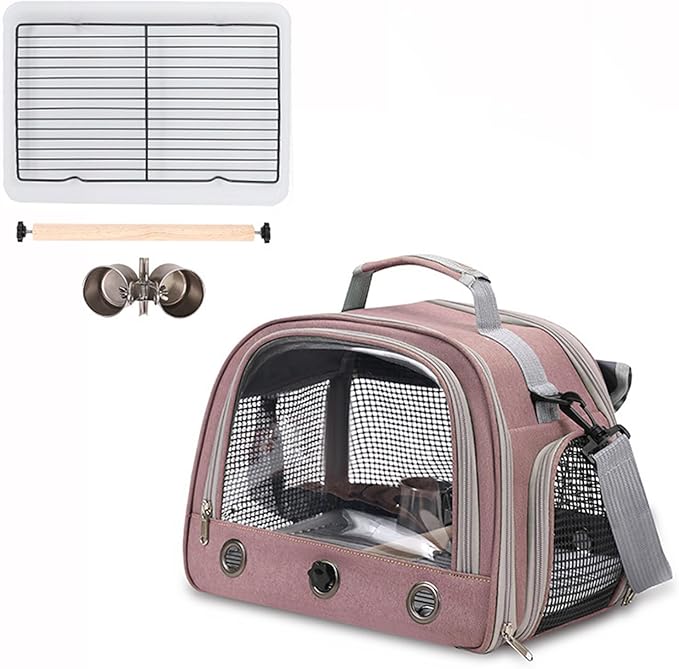 Parrot Carrier Parrot Travel Cage Panoramic View Breathable with Perch Removable Tray Food Cup Standing Net for Conures Parakeet Budgie (Pink)