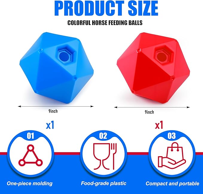 Horse Treat Ball, 9" Horse Ball Feeder Toy & Stress Reliever with 1.13 Inch Opening for Paddock, Slow Feed Enrichment Toys for Horses to Play(2 Pack,Red Blue)