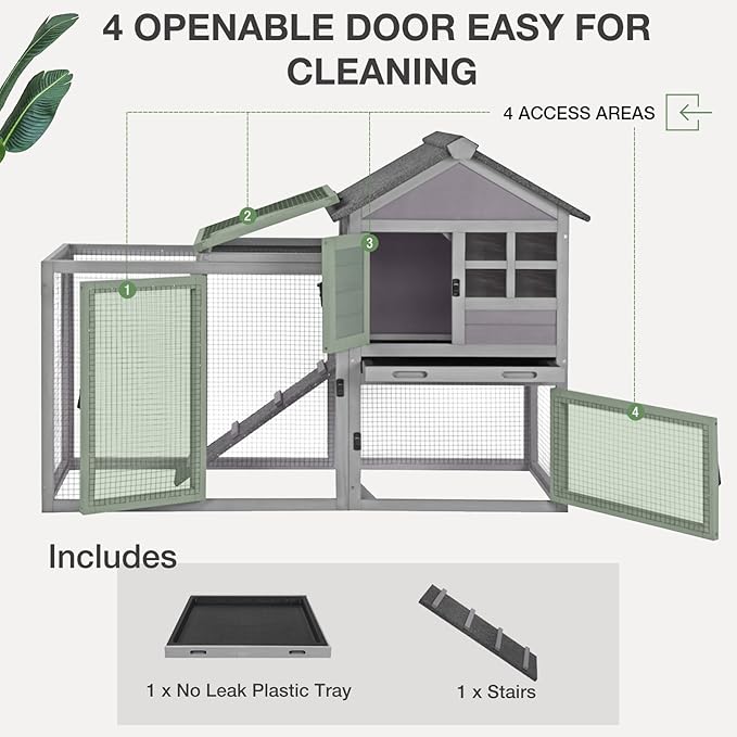 Rabbit Hutch Indoor Outdoor Bunny Cage with 5 Access Doors, Run, Pull-Out Deeper Leakproof Tray and Waterproof Roof