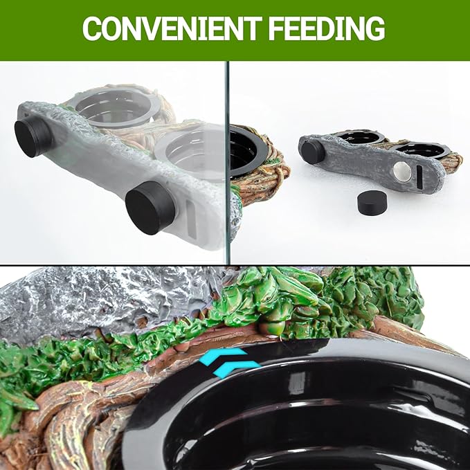 REPTI ZOO Magnetic Reptile Feeding Ledge, Gecko Feeder Ledge with 4PCS Cups, Hollow Vine Food Dish, Reptile Water Bowl for Bearded Dragon Lizard Snake Turtle, Terrarium Tank Accessories