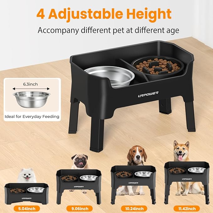 URPOWER 3-in-1 Elevated Dog Bowls - Mess Proof Double Deck 4 Height Adjustable Raised Stand with 2 Stainless Steel Food Bowls & Licking Plate for Small, Medium Dogs