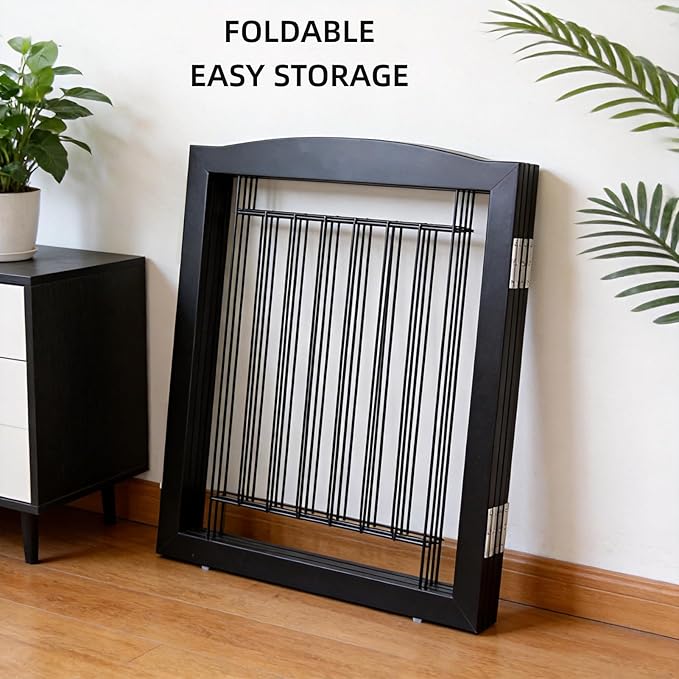 ZJSF Freestanding Foldable Dog Gate for House Extra Wide Wooden Black Indoor Puppy Gate Stairs Dog Gates Doorways Tall Pet Gate 6 Panels Fence