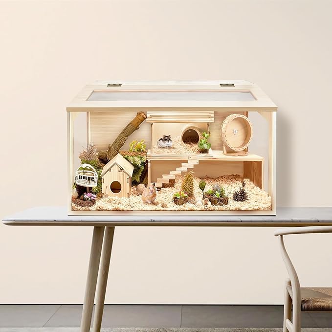 PROLEE Hamster Cage with Chewproof Wood Top, Guinea Pig Cages, Hamster Habitat with Clear Acrylic Sheets Solid Built, Small Animal Cage (Oak, 32X15.5X15.5 inch)