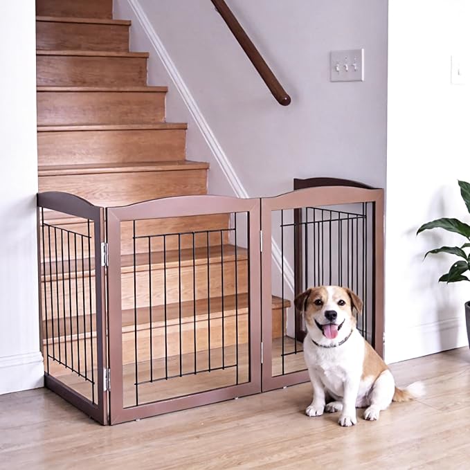 ZJSF Freestanding Foldable Dog Gate for House Extra Wide Wooden Brown Puppy Gate Stairs Dog Gates Doorways Tall Pet Gate 32 "Height 4 Panels Pet Fence