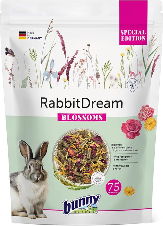 Bunny Nature Rabbit Food Pellets RabbitDream Blossoms, 63 Herbs, Rose Petals, Marigold, Papaya, High Fiber, Grain Free, Digestive Health, Skin & Coat - 3.3 lbs