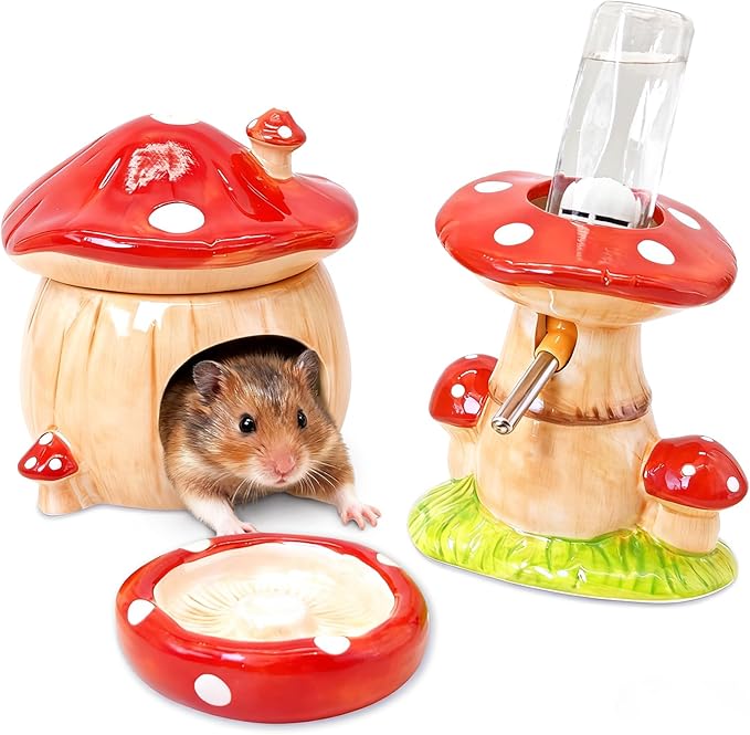 BNOSDM 3-in-1 Ceramic Hamster Hideout, Food Bowl, Water Bottle with Stand - Mushroom Shape - Red
