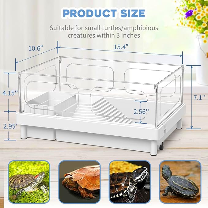 MoonOrange Small Turtle Tank Kit(Tank+Light+Filter), Acrylic Turtle Tank Starter Kit with Bask Platform, Bottom Drain, Multi-Function Area for Small Reptiles.(White)
