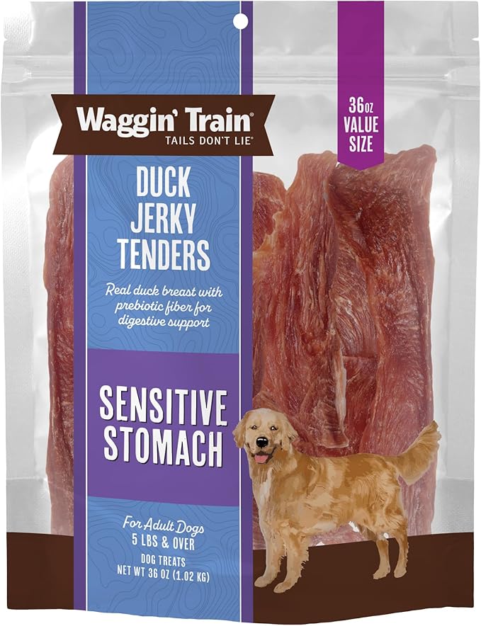 Waggin' Train Duck Jerky Dog Treats for Dogs with Sensitive Stomachs, Made with 100% Real Duck Breasts, Three All-Natural Ingredients, High Protein Dog Treat, Easily Digestible for Dogs, 36 oz. Pouch