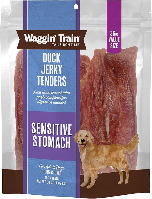 Waggin' Train Duck Jerky Dog Treats for Dogs with Sensitive Stomachs, Made with 100% Real Duck Breasts, Three All-Natural Ingredients, High Protein Dog Treat, Easily Digestible for Dogs, 36 oz. Pouch