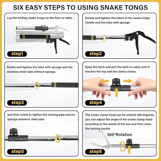 Snake Grabber Tool, 69" Snake Tongs Grabber for Rattlesnake Heavy Duty Professional Folding Snake Feeding Tongs Wide Jaw Snake Handling Tool Long Hndle Stainless Steel Tube