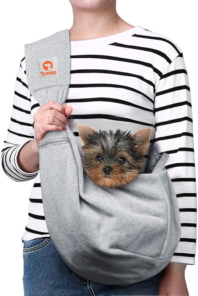 Tomkas Small Dog Sling Carrier - Zipper Pocket & Adjustable Strap & Zip Pocket - for 3-10 lbs Pets (Grey, M - Classic Pocket & Classic Strap)