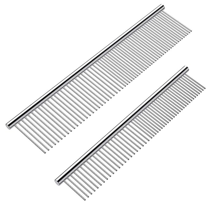 Cafhelp 2 Pack Dog Combs with Rounded Ends Stainless Steel Teeth, Cat Comb for Removing Tangles and Knots, Professional Grooming Tool for Long and Short Haired Dog, Cat and other pets, 6.3IN/7.4IN