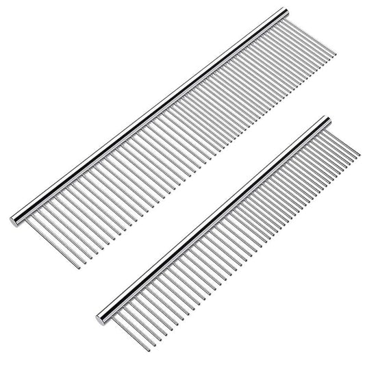 Cafhelp 2 Pack Dog Combs with Rounded Ends Stainless Steel Teeth, Cat Comb for Removing Tangles and Knots, Professional Grooming Tool for Long and Short Haired Dog, Cat and other pets, 6.3IN/7.4IN