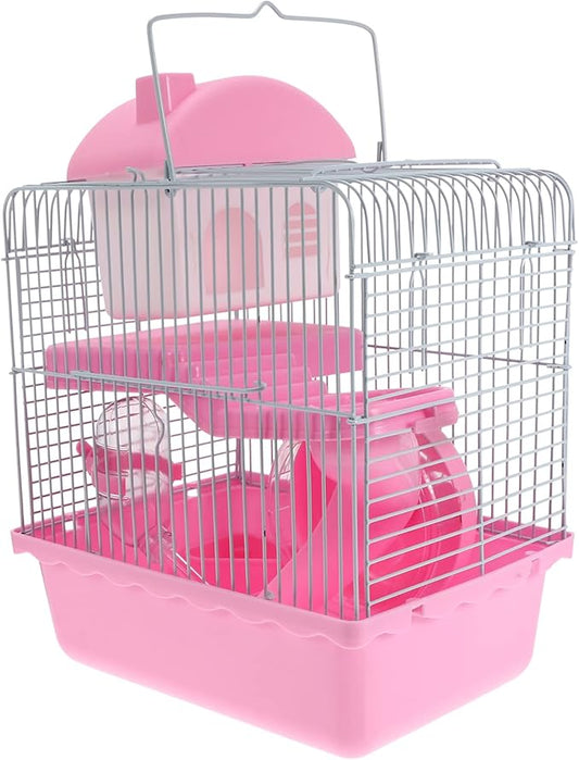 Hamster Cage Portable Double Layer Wire Habitat Small Critter House Cage Pet Playpen Activity Exercise Centre for Rodent Gerbil Mouse Rat Accessories Pink