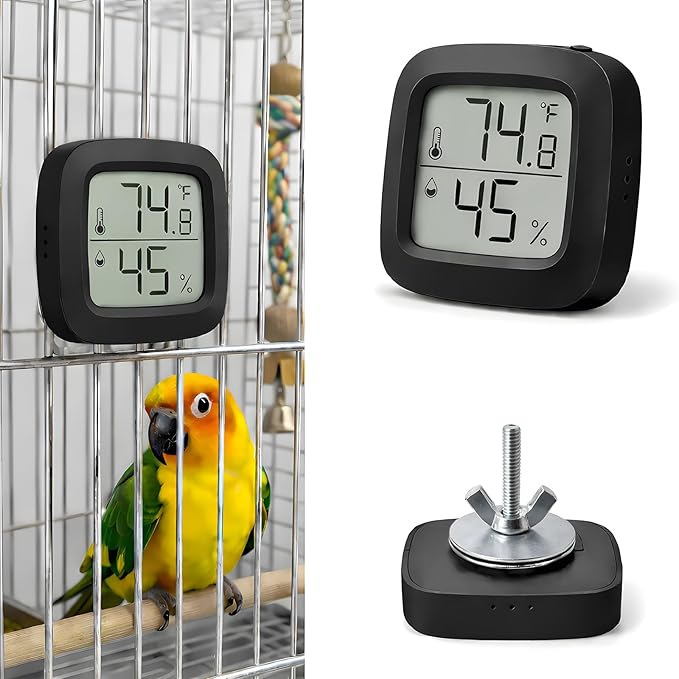 Bird Cage Thermometer,Parrot Cage Hygrometer,Pet Cage Temp Humidity Gauge,Easily Mounts on Cage,Clear Temp & Humidity,°F/°C Switch,for Bird,Hamsters,Rabbits,Guinea Pigs,and Other Pet Cages (Black)