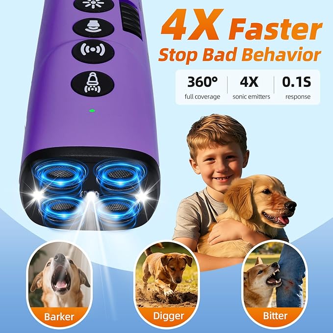 4X Ultrasonic Dog Bark Deterrent Device, 2026 Newest Stop Neighbors Dog Barking, 4 Nozzles Up 100% Efficiency, 3 Modes Humane Training Tool with Flashlight , Safe for Pet Indoor Outdoor(Purple)