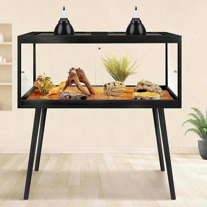 PROLEE Reptile Enclosure with Leg, 82 Gallons Bearded Dragon Tank, Tempered Glass Lizard Tank with Metal Mesh Tops and Lockable Door, Spacious Reptile Habitat for Snake,Lizard (Black)