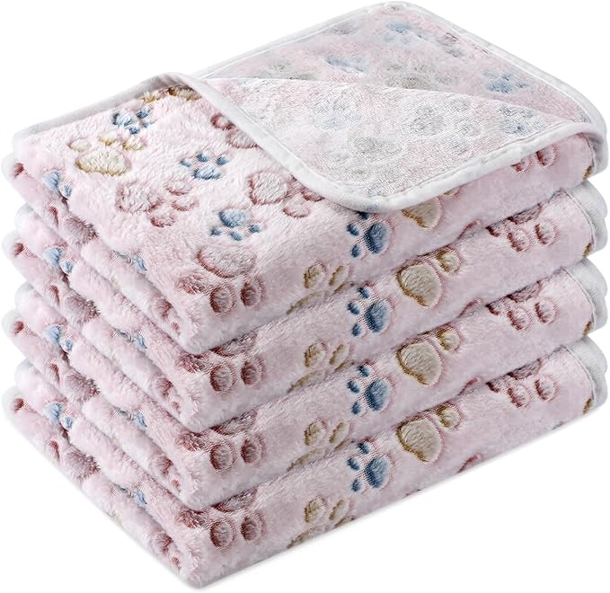 Tatuo 4 Pcs Dog Blanket for Pet Cat Blankets Indoor Puppy Teething Stuff Toys Paw Print Fleece Blanket Warm Sleep Mat for Guinea Pig Cage(Beige,X-Large(41 x 30 Inch),Square)