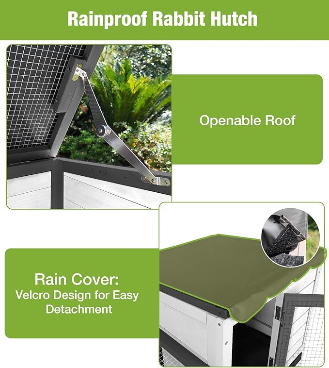GUTINNEEN Duplex Rabbit Hutch Indoor with Chew-Proof Frame & 2 Leak-Proof Sliding Trays, Rain Cover, Wooden Guinea Pig Cages with Wheels - Black and White