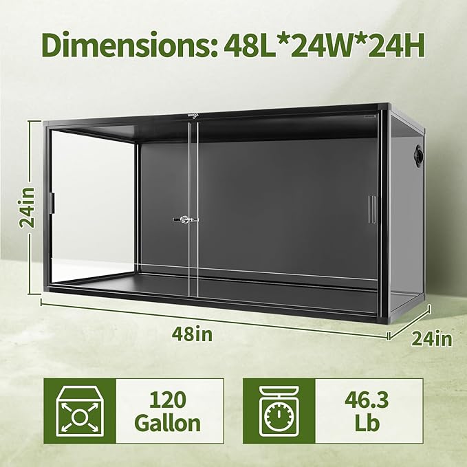 Wacool Terra 120 Gallon Reptile Tank, Large Terrarium for Bearded Dragons, Snakes, Leopard Geckos, Sliding Door & Top Ventilation, 48" x 24" x 24" Easy-to-Maintain Reptile Enclosure