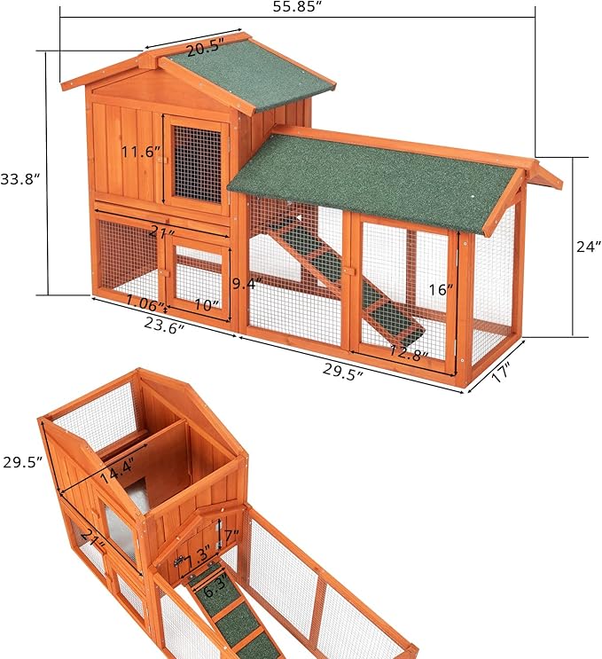 61” Large Rabbit Hutch with Outdoor Run, 2 Layer A-Frame Bunny Cage for Garden, Wooden Small Animal House with Removable Tray & Waterproof Roof