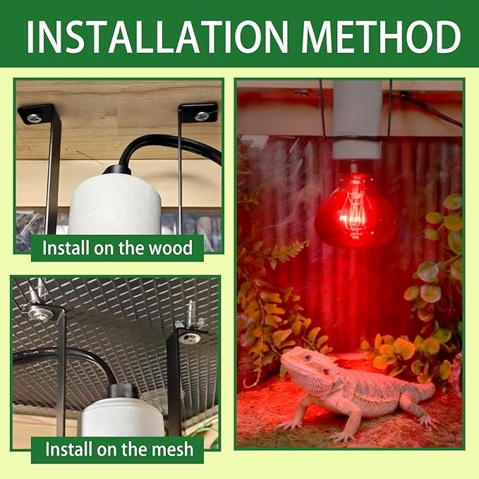 Reptile Light Fixture,Bearded Dragon Heat Lamp Holder Bracket with Thermometer,Pet Heating Light Ceramic Socket,Lamp Fixture for Amphibian,Gecko,Iguana,Lizard,Snake,Turtle (Deep-U)