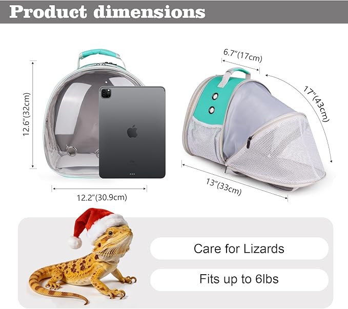 WEVONIGU Expandable Small Animal Backpack Carrier with Clear Bubble Window Large Space Travel Cage for Hedgehog Rat Parrot,Bearded Dragon,Sugar Glider,Airline Approved (Green, BE Backpack)