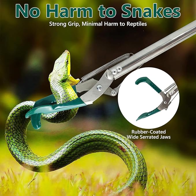 50 Inch Collapsible Snake Tongs, Heavy Duty Rust Proof Stainless Steel Snake Grabber Tool with Non-Slip Rubber Coated Jaw & Handle, 3-Section Folding Reptile Catcher for Catching & Wildlife Handling