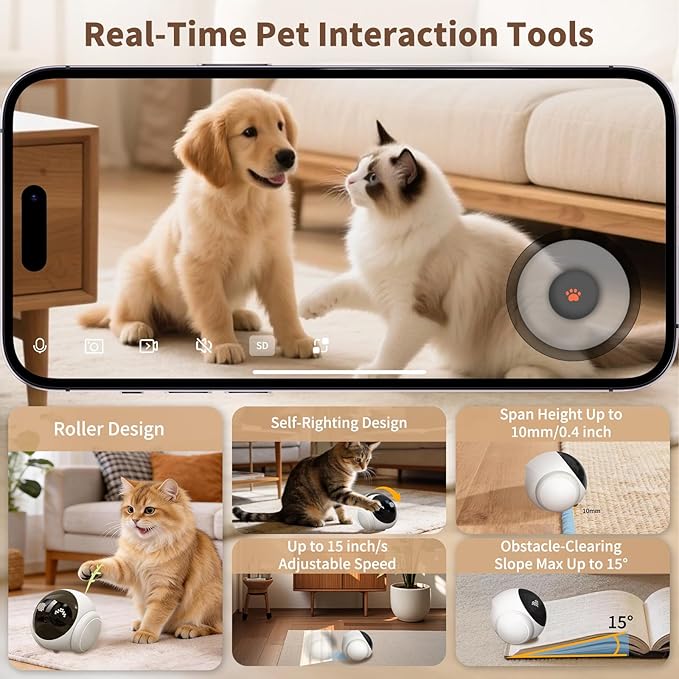 1080P Pet Camera Robot: Indoor Movable Home Security Camera with App Control, Night Vision, 2-Way Talk, Motion Detection, SD Card Storage, Smart Pet Cam for Cat/Dog/Baby/Elderly Monitor