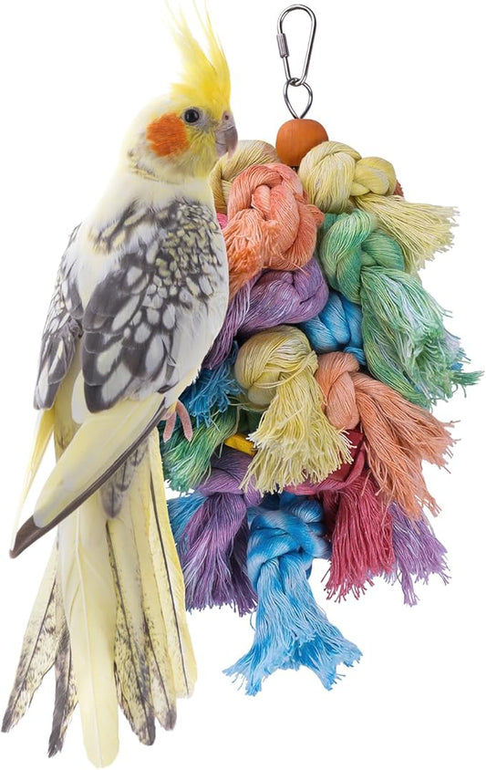 Bird Toys for Parrots - Natural Cotton Rope Preening Toy, Hanging Bird Toys for Cockatiels, Conures, Parakeets, Enrichment Parrot Toys for Beak & Feather Health