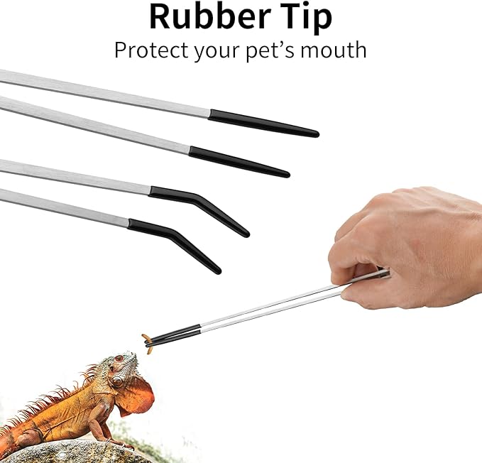 Novery 2PCS Stainless Steel Reptile Feeding Tongs with Rubber Tip, 10.6” Straight & Curved Long Tweezers for Aquarium or Craft, Bearded Dragon Tank Snakes Enclosure Accessories, Terrarium Supplies