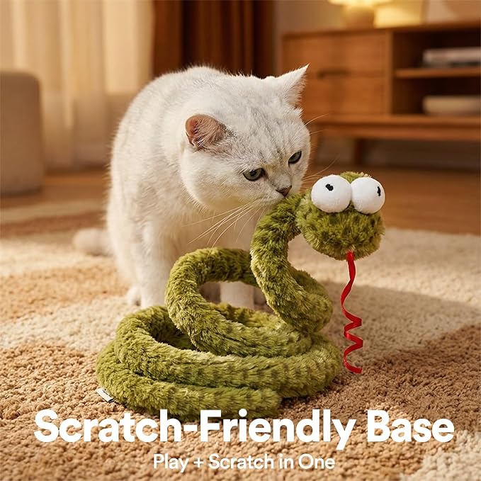 ZEZE Forest Snake Spring Interactive Cat Toy with Scratch Base, Bouncy Spiral Plush Teaser with Crinkle Sound & Ribbon, Self-Play Boredom Relief for Indoor Cats - Image 5