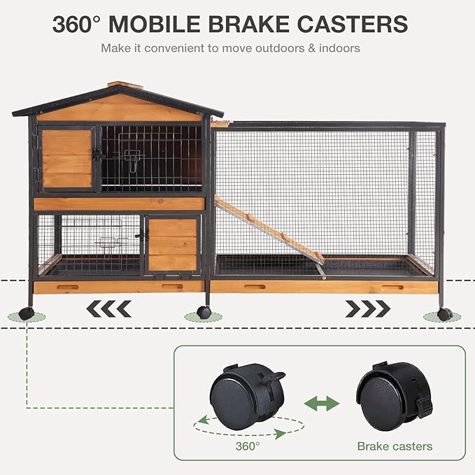 Rabbit Hutch Indoor/Outdoor Bunny Cage with 6 Wheels 2 Story 2 Trays Rabbit Cage Chew-Proof Ramp and Metal Frame – Ideal for Guinea Pig Cage