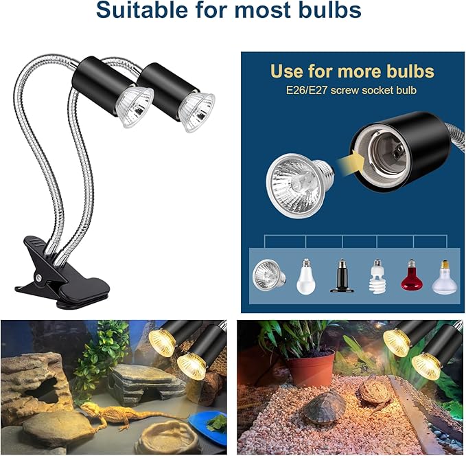 Reptile Heat Lamp, Double-Head Reptile Light Timer, UVA UVB Reptile Light with Clamp for Tortoise, Leopard Gecko, Bearded Dragon, Lizards and More, E26/27 Base with 3 Bulbs