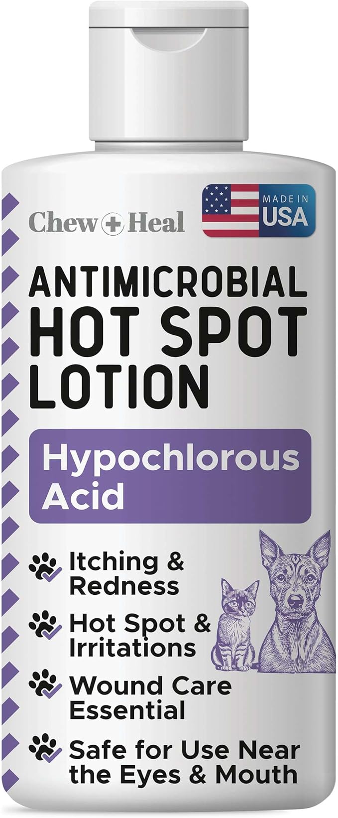 Chew + Heal Labs Hypochlorous Acid Lotion for Dogs – 4oz Dog Wound Spray for Cuts, Burns, Sores, Abrasions, and More – Non Toxic and Chemical Free Hot Spot Lotion – Made in the USA