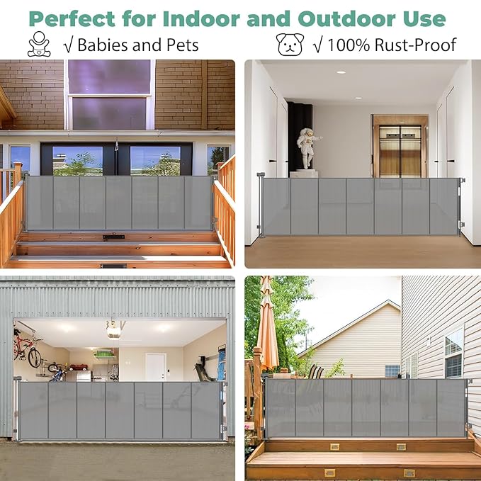Reinforced 195 Inch Extra Wide Baby Gate Retractable Dog Fence with Support Rods – Prevent Crawling Under, 16 Foot Retractable Baby Gates Retractable Dog Gate Outdoor/Indoor Extra Long Pet Gate, Gray