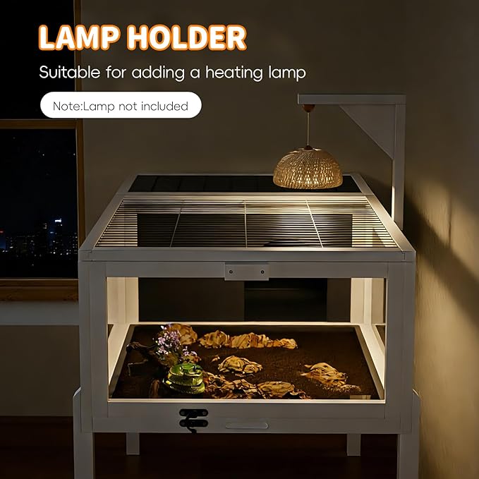 Reptile Habitat Tortoise House with Lamp Holder, Large Observation Window, 2 Waterproof Tray, Detachable Legs, Easy to Clean Wooden Enclosure for Turtles, Lizards, Geckos, and Small Pets Indoor Outdoo